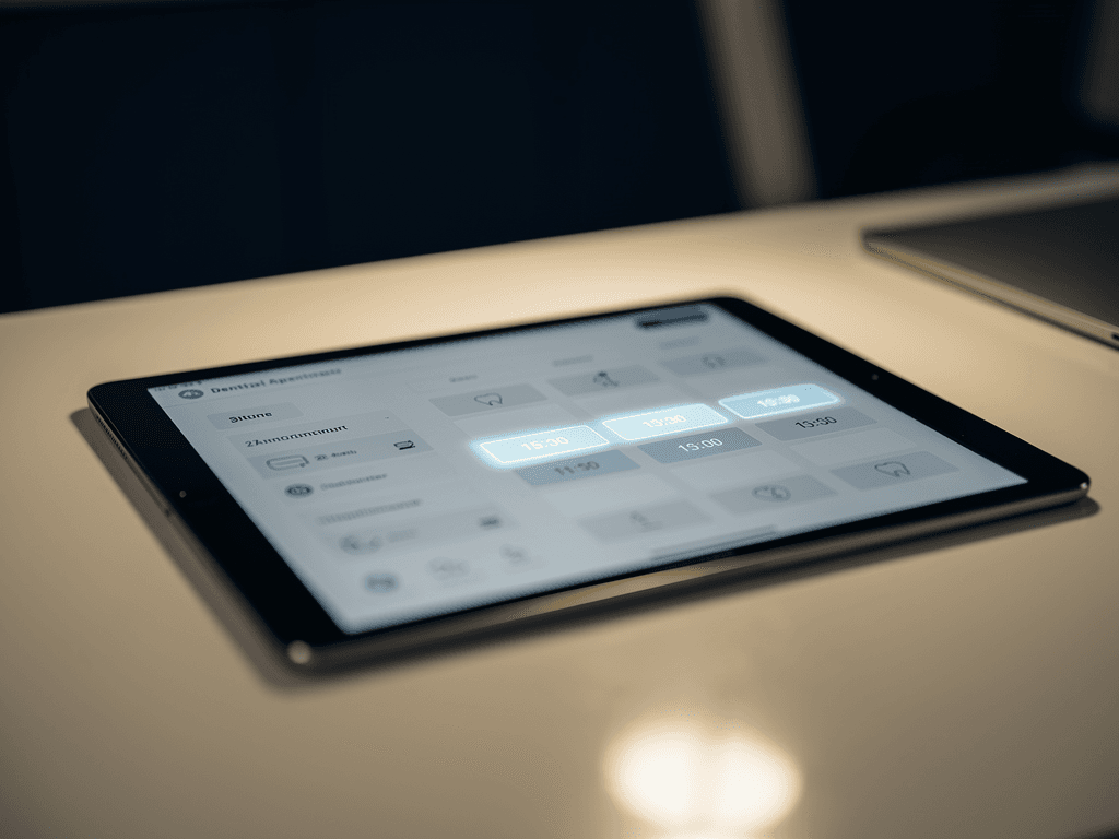 A dental appointment book on a tablet with some slots gently highlighted in the brand palette