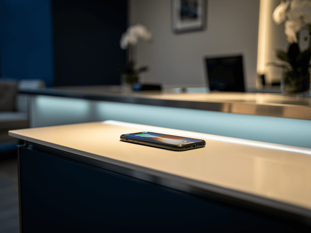 A calm evening reception scene with a phone showing a rescheduled confirmation