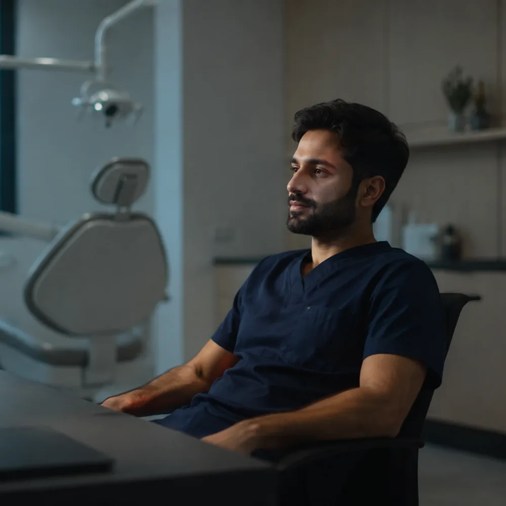 A dentist sits alone at a desk in the evening light, the surgery empty behind him, the day's work already done.