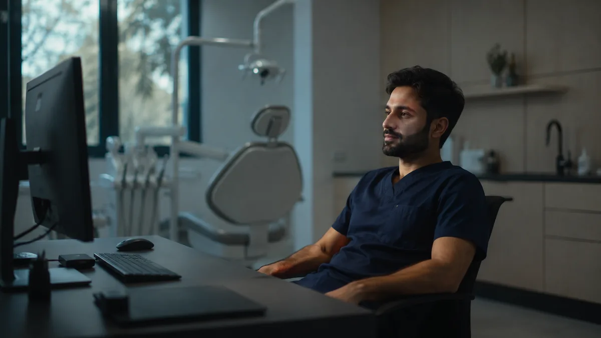 A dentist sits alone at a desk in the evening light, the surgery empty behind him, the day's work already done.