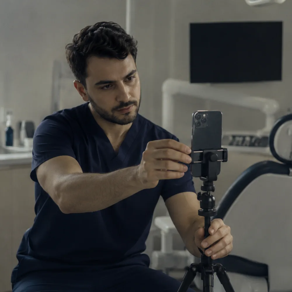 A dentist fixes a phone onto a tripod in the surgery, setting up to record.