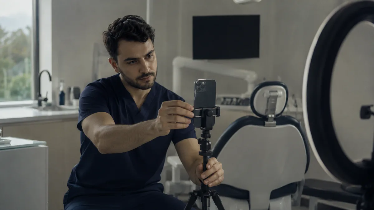 A dentist fixes a phone onto a tripod in the surgery, setting up to record.