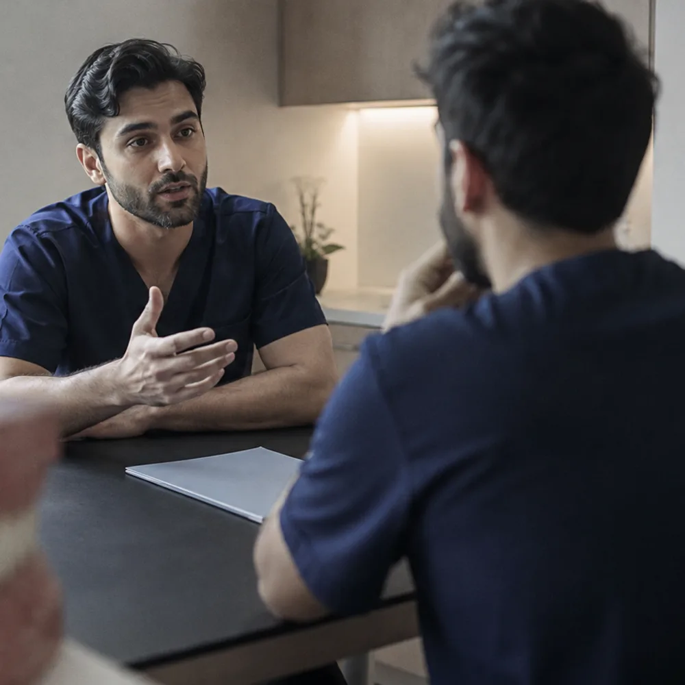 Two colleagues in scrubs talk across a table, one explaining a case with his hands, papers between them.