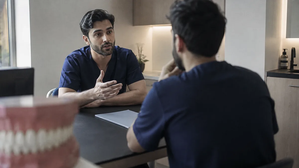 Two colleagues in scrubs talk across a table, one explaining a case with his hands, papers between them.
