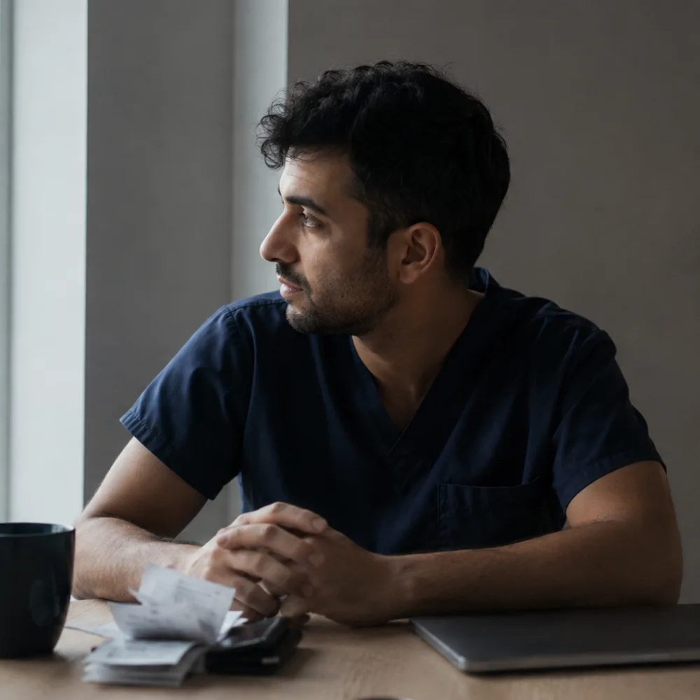 A dentist at a kitchen table with a mug of coffee, a stack of receipts and a closed laptop, looking out of the window.