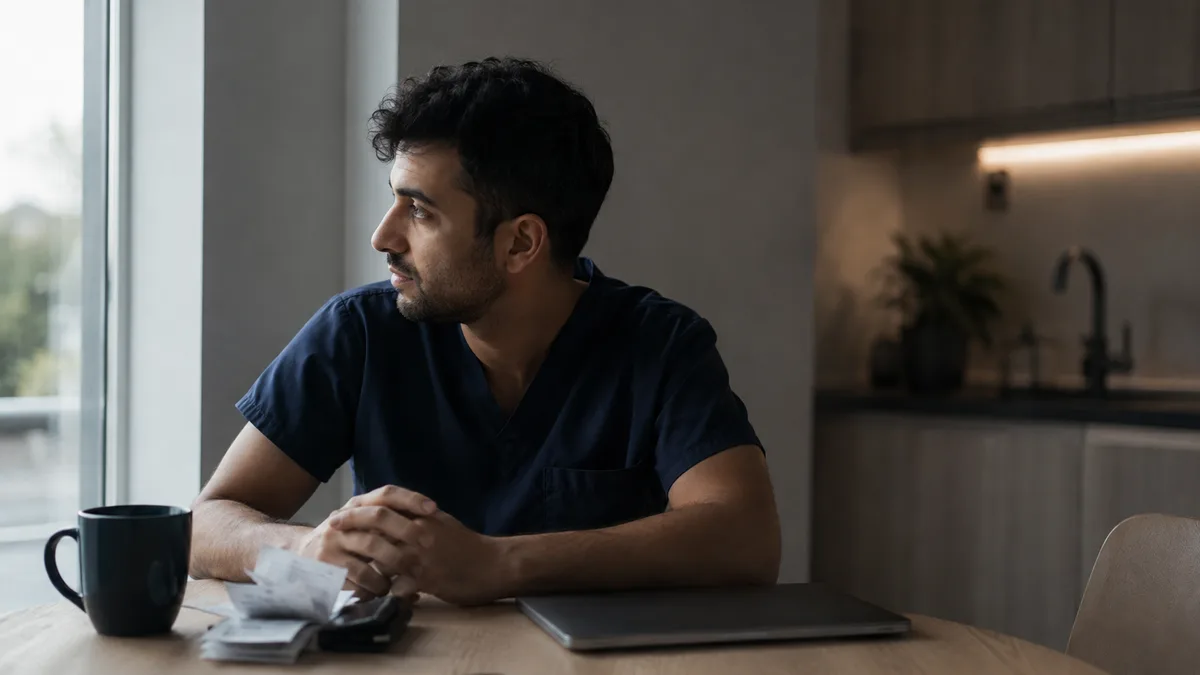 A dentist at a kitchen table with a mug of coffee, a stack of receipts and a closed laptop, looking out of the window.
