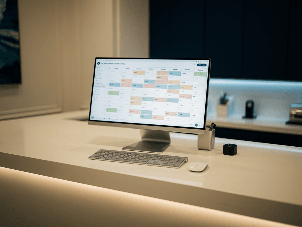 A calm dental reception desk with a screen showing an appointment diary in the brand palette