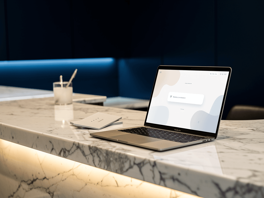 A slim laptop on a marble dental reception desk showing a clean booking confirmation screen