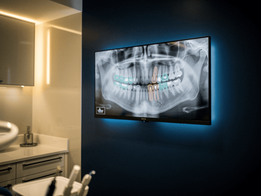 A dental radiograph on a screen with findings gently outlined in the brand palette