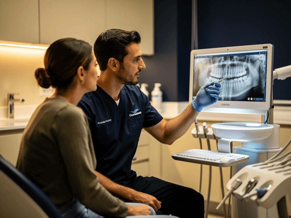 A clinician and patient looking at a marked-up radiograph on a chairside monitor