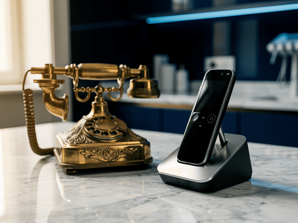 Two phone handsets side by side on a marble dental practice reception desk