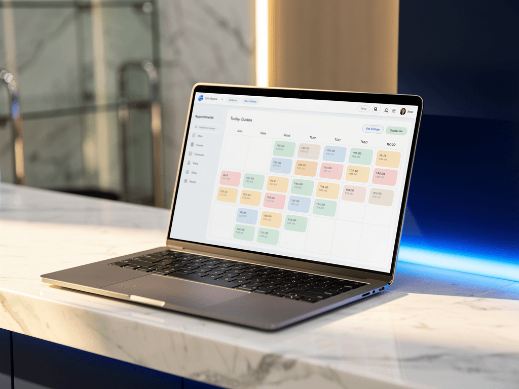 Slim laptop on a marble dental reception desk showing a calm appointment calendar interface