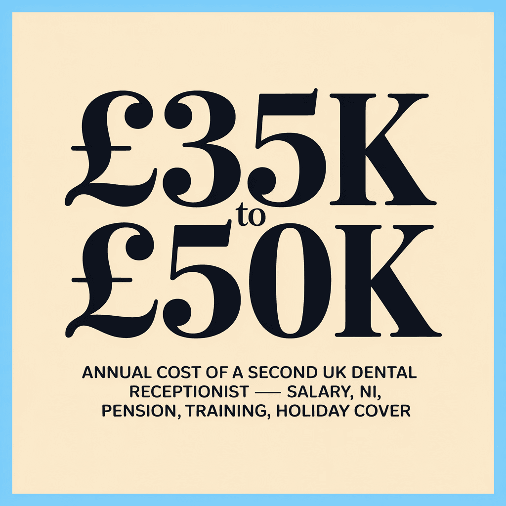 Stat card: £35K to £50K annual cost of a second dental receptionist