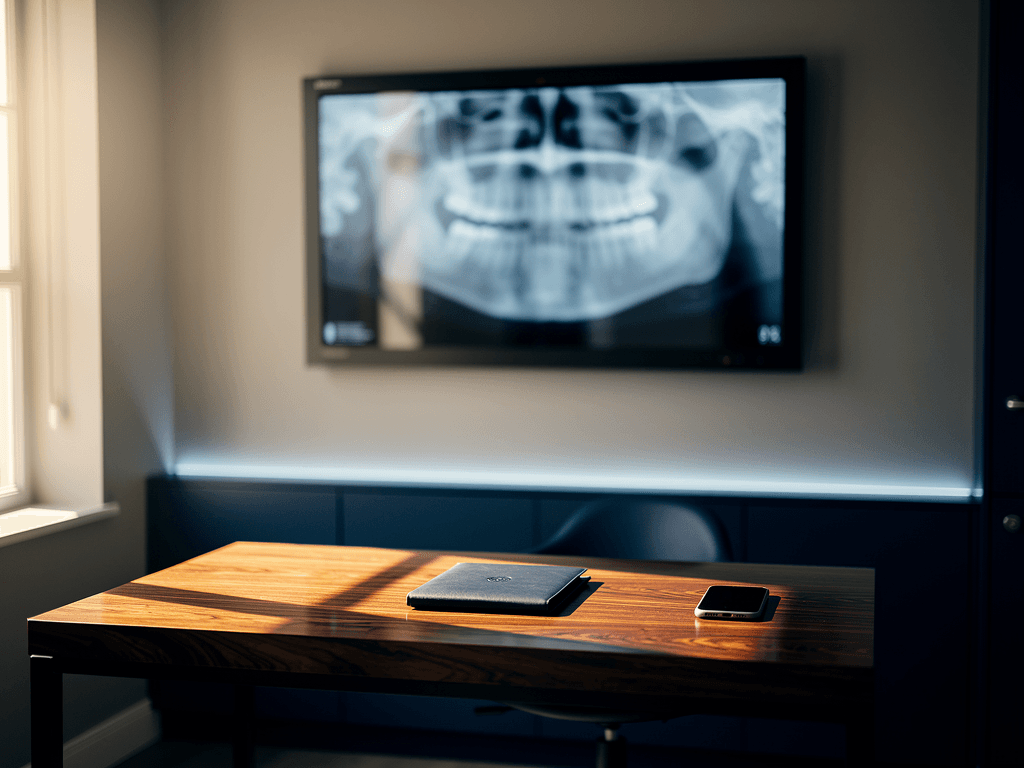 A row of three Invisalign aligners on a marble desk with a printed treatment plan card