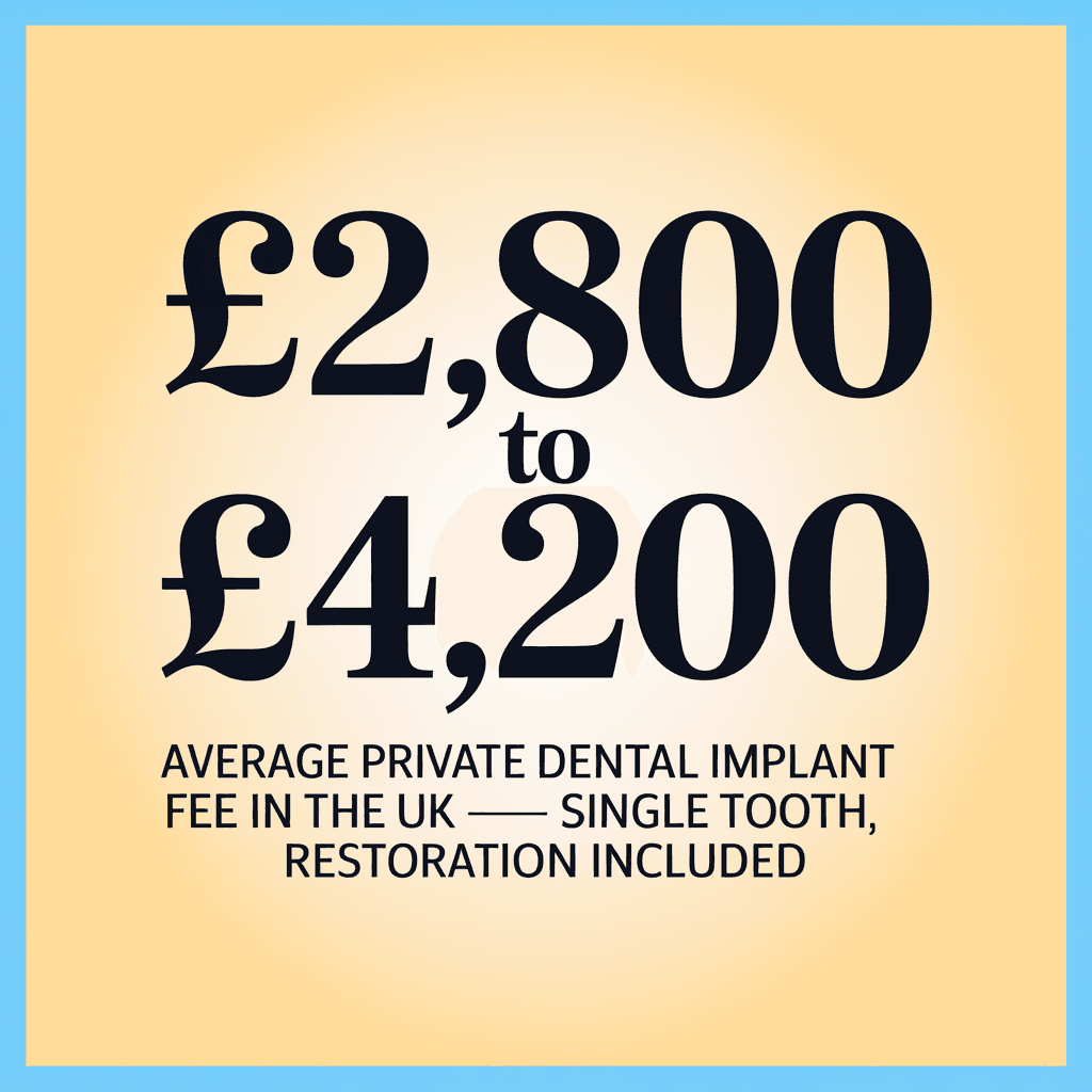 Stat card: £2,800 to £4,200 average private dental implant fee in the UK