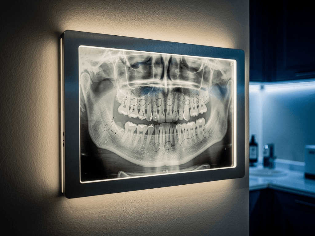 A backlit dental radiograph in a dimly lit UK practice, faint annotation marks visible