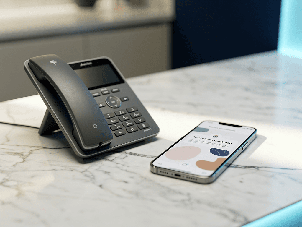 Side-by-side desk phone and smartphone on a marble dental reception desk, generic interfaces