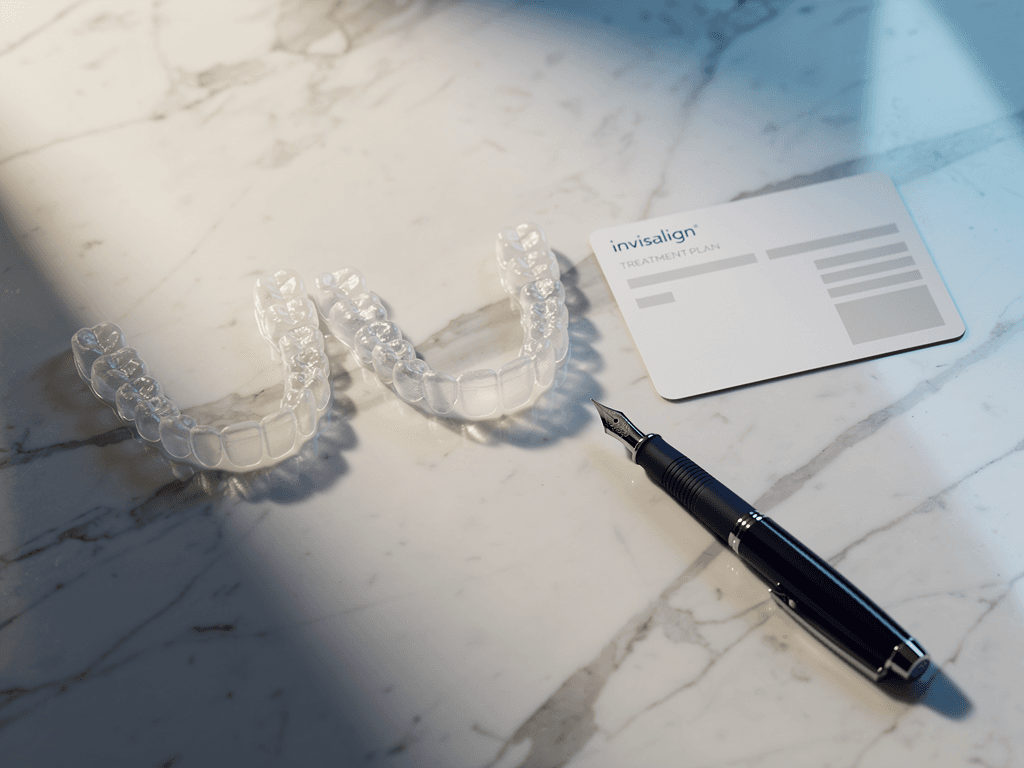 Three clear plastic Invisalign aligner trays on a polished walnut desk, leather treatment plan folder beside them