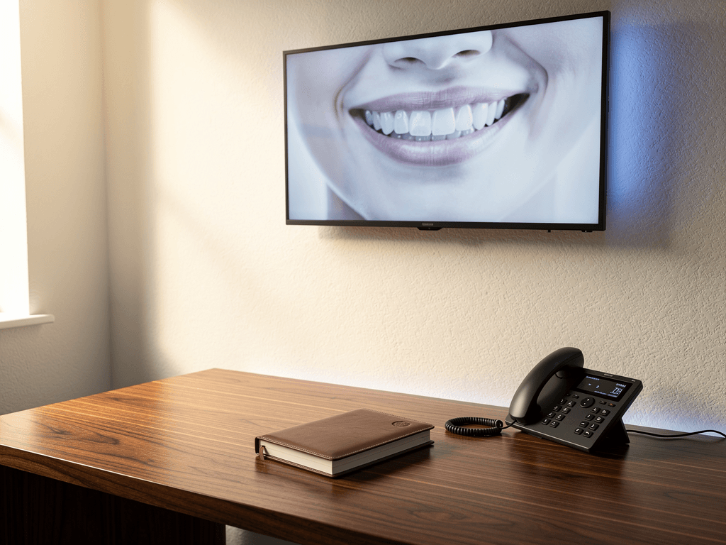 A wall-mounted screen in a UK dental consultation room showing a soft-focus generic before-and-after image