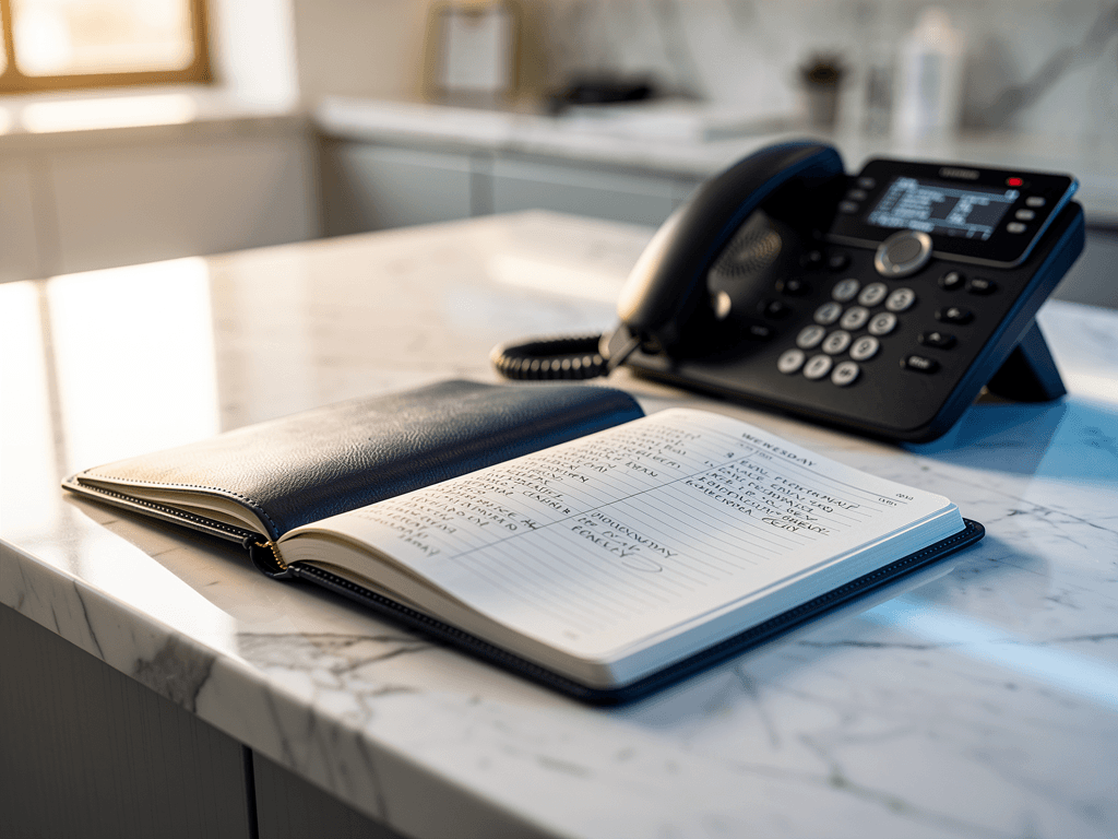 A leather appointment diary open to a busy weekday page on a UK dental reception desk