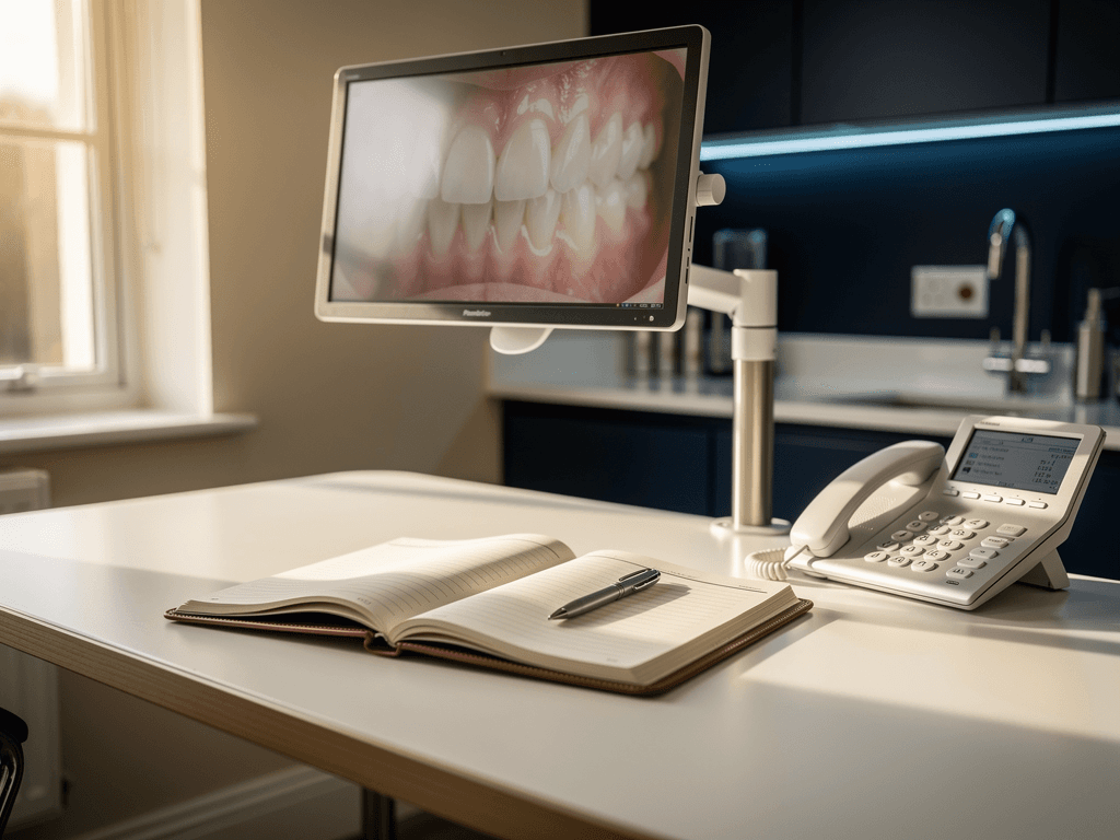 A panoramic radiograph viewer on the wall of a UK dental consultation room, no people