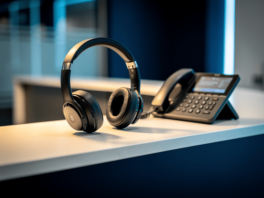 A remote receptionist headset resting beside a desk phone in soft brand-palette lighting