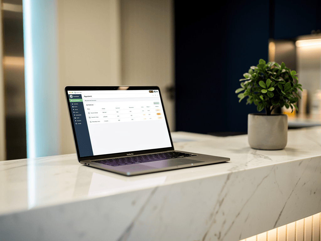A clean appointment diary on a laptop beside a marble dental reception counter