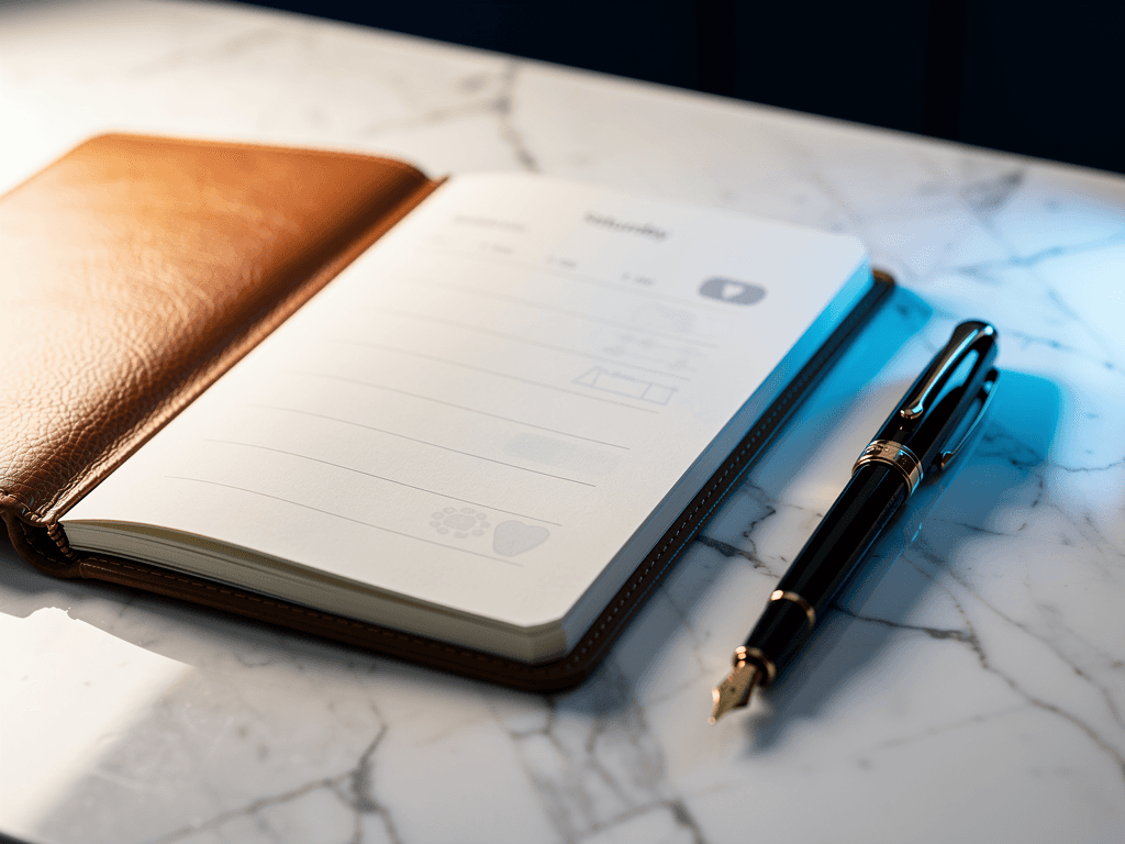 A leather dental appointment diary open to a Saturday page with empty time slots
