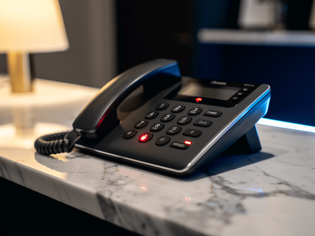 A modern desk telephone on a dental practice marble reception desk with a red missed-call indicator